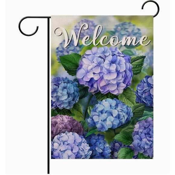 Garden Flag 12x18in Double-sided Burlap Welcome Blue Hydrangeas Floral - Picture 1 of 1